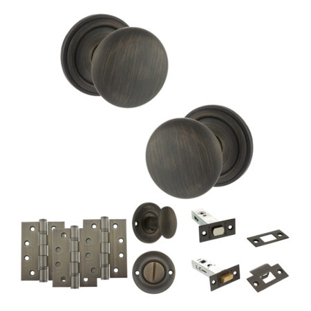 Atlantic Old English Harrogate Door Knob Pack (Bathroom Set - 4" Deadbolt, 4" Fire Rated Hinges x3) - Urban Bronze