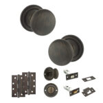 Atlantic Old English Harrogate Door Knob Pack (Bathroom Set - 4" Deadbolt, 4" Slim Knuckle Hinges x2) - Urban Bronze