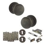 Atlantic Old English Harrogate Door Knob Pack (Lock Set - 3" Latch & Deadlock, 4" Fire Rated Hinges x3) - Urban Bronze
