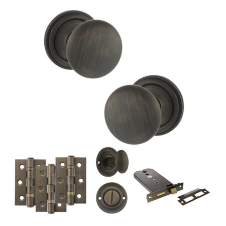 Atlantic Old English Harrogate Door Knob Pack (Lock Set - Horizontal Bathlock, 3" Fire Rated Hinges x3) - Urban Bronze
