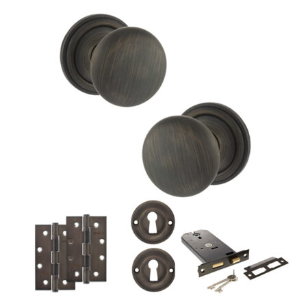 Atlantic Old English Harrogate Door Knob Pack (Lock Set - Horizontal Sashlock, 4" Slim Knuckle Hinges x2) - Urban Bronze