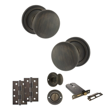 Atlantic Old English Harrogate Door Knob Pack (Lock Set - Horizontal Bathlock, 4" Slim Knuckle Hinges x2) - Urban Bronze