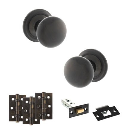 Atlantic Old English Harrogate Door Knob Pack (Latch Set - 4" HD Latch, 3" Fire Rated Hinges x3) - Urban Dark Bronze