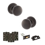 Atlantic Old English Harrogate Door Knob Pack (Latch Set - 3" HD Latch, 4" Fire Rated Hinges x3) - Urban Dark Bronze
