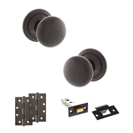 Atlantic Old English Harrogate Door Knob Pack (Latch Set - 3" HD Latch, 4" Slim Knuckle Hinges x2) - Urban Dark Bronze