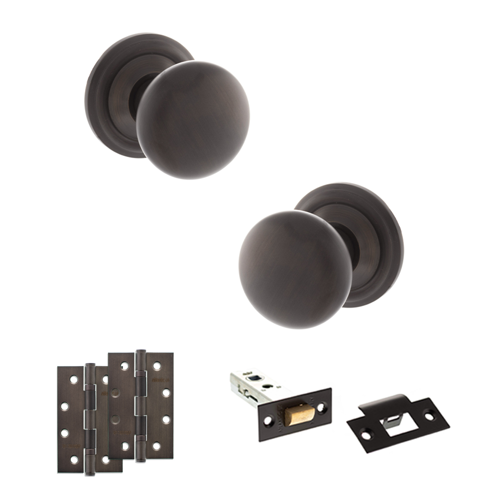 ADPOE58MMKUDB58_OLD-ENGLISH-HARROGATE-URBAN-DARK-BRONZE.jpg Atlantic Old English Harrogate Door Knob Pack (Latch Set - 3" HD Latch, 4" Slim Knuckle Hinges x2) - Urban Dark Bronze - Image 1
