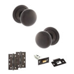 Atlantic Old English Harrogate Door Knob Pack (Latch Set - 4" HD Latch, 4" Slim Knuckle Hinges x2) - Urban Dark Bronze