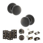Atlantic Old English Harrogate Door Knob Pack (Bathroom Set - 3" Deadbolt, 3" Fire Rated Hinges x3) - Urban Dark Bronze