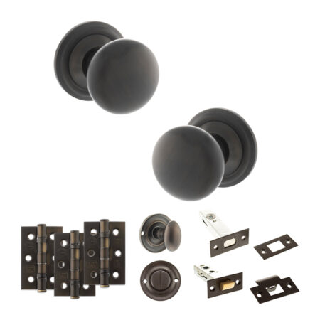 Atlantic Old English Harrogate Door Knob Pack (Bathroom Set - 3" Deadbolt, 3" Fire Rated Hinges x3) - Urban Dark Bronze
