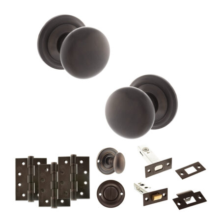 Atlantic Old English Harrogate Door Knob Pack (Bathroom Set - 3" Deadbolt, 4" Fire Rated Hinges x3) - Urban Dark Bronze