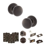 Atlantic Old English Harrogate Door Knob Pack (Bathroom Set - 4" Deadbolt, 4" Fire Rated Hinges x3) - Urban Dark Bronze