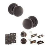 Atlantic Old English Harrogate Door Knob Pack (Bathroom Set - 3" Deadbolt, 4" Slim Knuckle Hinges x2) - Urban Dark Bronze