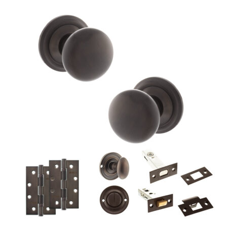 Atlantic Old English Harrogate Door Knob Pack (Bathroom Set - 4" Deadbolt, 4" Slim Knuckle Hinges x2) - Urban Dark Bronze