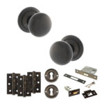 Atlantic Old English Harrogate Door Knob Pack (Lock Set - 3" Latch & Deadlock, 3" Fire Rated Hinges x3) - Urban Dark Bronze