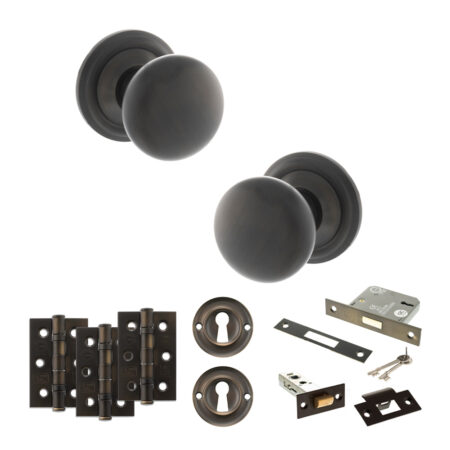 Atlantic Old English Harrogate Door Knob Pack (Lock Set - 3" Latch & Deadlock, 3" Fire Rated Hinges x3) - Urban Dark Bronze