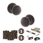Atlantic Old English Harrogate Door Knob Pack (Lock Set - 3" Latch & Deadlock, 4" Fire Rated Hinges x3) - Urban Dark Bronze