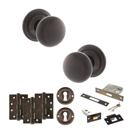 Atlantic Old English Harrogate Door Knob Pack (Lock Set - 3" Latch & Deadlock, 4" Fire Rated Hinges x3) - Urban Dark Bronze