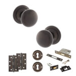 Atlantic Old English Harrogate Door Knob Pack (Lock Set - 3" Latch & Deadlock, 4" Slim Knuckle Hinges x2) - Urban Dark Bronze