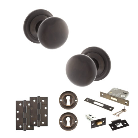 Atlantic Old English Harrogate Door Knob Pack (Lock Set - 3" Latch & Deadlock, 4" Slim Knuckle Hinges x2) - Urban Dark Bronze