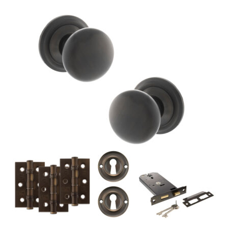 Atlantic Old English Harrogate Door Knob Pack (Lock Set - Horizontal Sashlock, 3" Fire Rated Hinges x3) - Urban Dark Bronze
