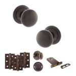 Atlantic Old English Harrogate Door Knob Pack (Lock Set - Horizontal Bathlock, 3" Fire Rated Hinges x3) - Urban Dark Bronze