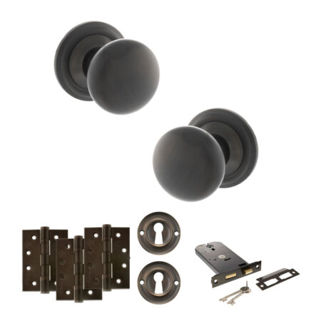 Atlantic Old English Harrogate Door Knob Pack (Lock Set - Horizontal Sashlock, 4" Fire Rated Hinges x3) - Urban Dark Bronze