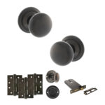 Atlantic Old English Harrogate Door Knob Pack (Lock Set - Horizontal Bathlock, 4" Fire Rated Hinges x3) - Urban Dark Bronze