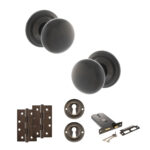 Atlantic Old English Harrogate Door Knob Pack (Lock Set - Horizontal Sashlock, 4" Slim Knuckle Hinges x2) - Urban Dark Bronze