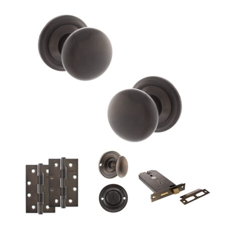 Atlantic Old English Harrogate Door Knob Pack (Lock Set - Horizontal Bathlock, 4" Slim Knuckle Hinges x2) - Urban Dark Bronze