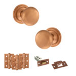 Atlantic Old English Harrogate Door Knob Pack (Latch Set - 3" HD Latch, 3" Fire Rated Hinges x3) - Urban Satin Copper