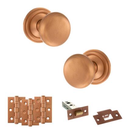 Atlantic Old English Harrogate Door Knob Pack (Latch Set - 3" HD Latch, 3" Fire Rated Hinges x3) - Urban Satin Copper