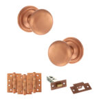Atlantic Old English Harrogate Door Knob Pack (Latch Set - 4" HD Latch, 4" Fire Rated Hinges x3) - Urban Satin Copper