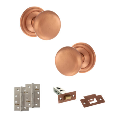 Atlantic Old English Harrogate Door Knob Pack (Latch Set - 4" HD Latch, 4" Slim Knuckle Hinges x2) - Urban Satin Copper