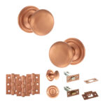 Atlantic Old English Harrogate Door Knob Pack (Bathroom Set - 3" Deadbolt, 3" Fire Rated Hinges x3) - Urban Satin Copper