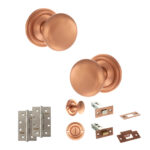 Atlantic Old English Harrogate Door Knob Pack (Bathroom Set - 3" Deadbolt, 4" Slim Knuckle Hinges x2) - Urban Satin Copper