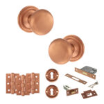 Atlantic Old English Harrogate Door Knob Pack (Lock Set - 3" Latch & Deadlock, 3" Fire Rated Hinges x3) - Urban Satin Copper