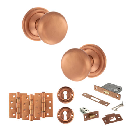 Atlantic Old English Harrogate Door Knob Pack (Lock Set - 3" Latch & Deadlock, 4" Fire Rated Hinges x3) - Urban Satin Copper
