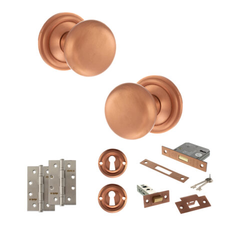 Atlantic Old English Harrogate Door Knob Pack (Lock Set - 3" Latch & Deadlock, 4" Slim Knuckle Hinges x2) - Urban Satin Copper