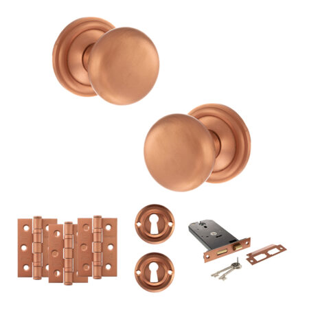 Atlantic Old English Harrogate Door Knob Pack (Lock Set - Horizontal Sashlock, 3" Fire Rated Hinges x3) - Urban Satin Copper