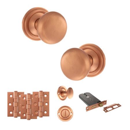 Atlantic Old English Harrogate Door Knob Pack (Lock Set - Horizontal Bathlock, 3" Fire Rated Hinges x3) - Urban Satin Copper