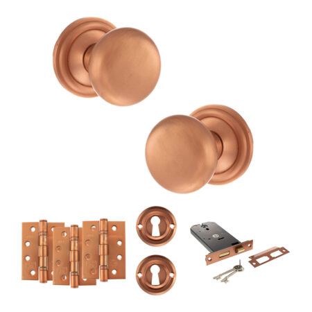 Atlantic Old English Harrogate Door Knob Pack (Lock Set - Horizontal Sashlock, 4" Fire Rated Hinges x3) - Urban Satin Copper