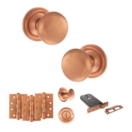 Atlantic Old English Harrogate Door Knob Pack (Lock Set - Horizontal Bathlock, 4" Fire Rated Hinges x3) - Urban Satin Copper