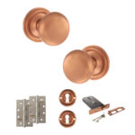 Atlantic Old English Harrogate Door Knob Pack (Lock Set - Horizontal Sashlock, 4" Slim Knuckle Hinges x2) - Urban Satin Copper