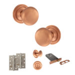 Atlantic Old English Harrogate Door Knob Pack (Lock Set - Horizontal Bathlock, 4" Slim Knuckle Hinges x2) - Urban Satin Copper