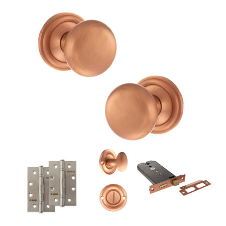 Atlantic Old English Harrogate Door Knob Pack (Lock Set - Horizontal Bathlock, 4" Slim Knuckle Hinges x2) - Urban Satin Copper