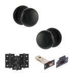 Atlantic Old English Harrogate Door Knob Pack (Latch Set - 3" HD Latch, 3" Fire Rated Hinges x3) - Matt Black