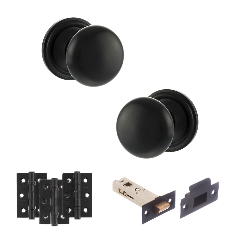 ADPOE58RMKMB54_OLD-ENGLISH-HARROGATE-MATT-BLACK.jpg Atlantic Old English Harrogate Door Knob Pack (Latch Set - 3" HD Latch, 3" Fire Rated Hinges x3) - Matt Black - Image 1