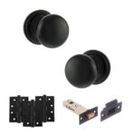 Atlantic Old English Harrogate Door Knob Pack (Latch Set - 4" HD Latch, 4" Fire Rated Hinges x3) - Matt Black