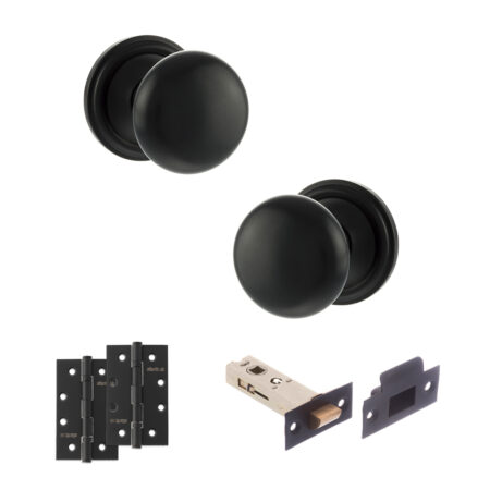 Atlantic Old English Harrogate Door Knob Pack (Latch Set - 3" HD Latch, 4" Slim Knuckle Hinges x2) - Matt Black