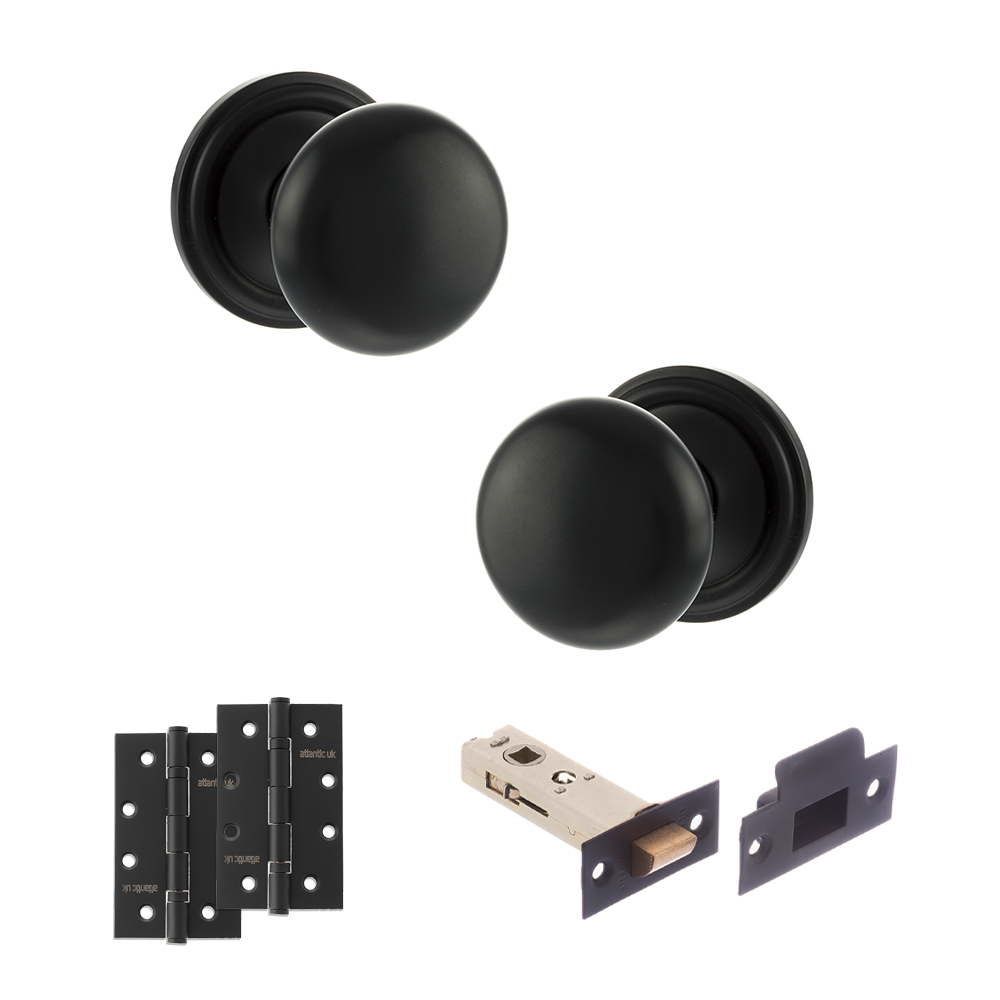 ADPOE58RMKMB59_OLD-ENGLISH-HARROGATE-MATT-BLACK.jpg Atlantic Old English Harrogate Door Knob Pack (Latch Set - 4" HD Latch, 4" Slim Knuckle Hinges x2) - Matt Black - Image 1